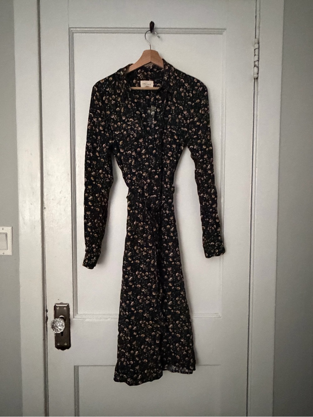 Sezane Black Floral Long Sleeve Midi Dress